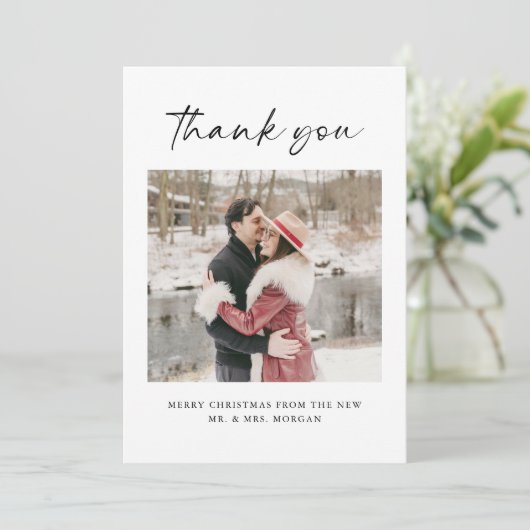 Romantische Winter Pas getrouwd Kerstfoto Bedankkaart (Staand voorkant)