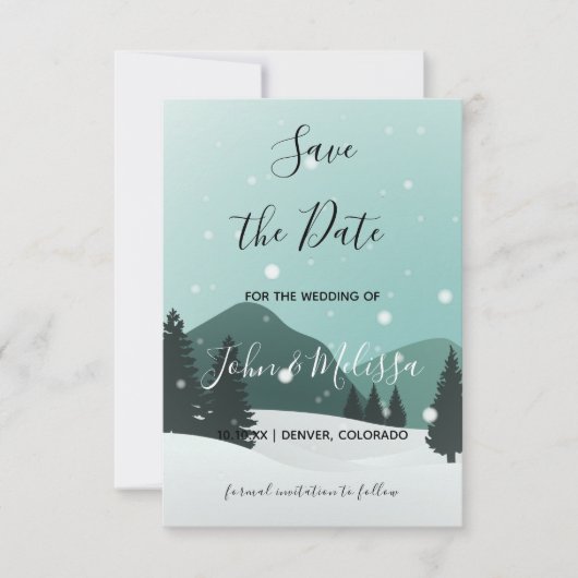 Romantische Winter Wedding Snowy Forest & Mountain Save The Date (Voorkant)