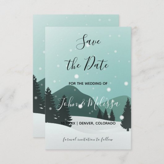Romantische Winter Wedding Snowy Forest & Mountain Save The Date (Voorkant / Achterkant)