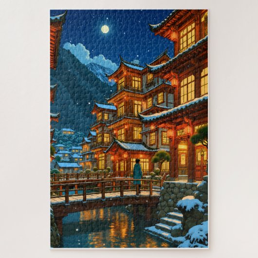 Romantische winternacht in een Japanse Onsen-stad Legpuzzel (Verticaal)