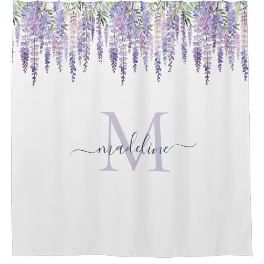 Romantische Wisteria Floral Monogram Script naam Douchegordijn (Voorkant)