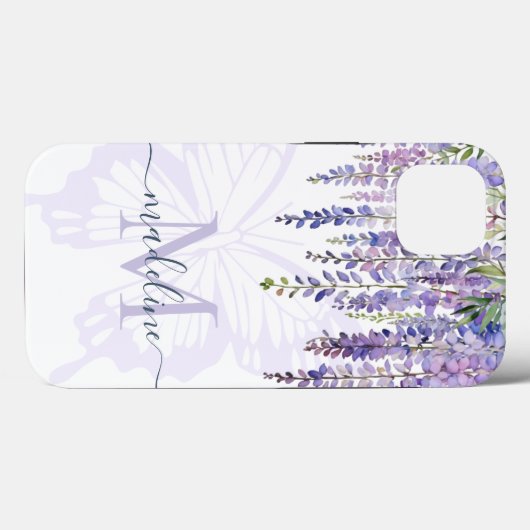 Romantische Wisteria Vlinder Monogram Script naam Case-Mate iPhone Case (Achterkant (horizontaal))