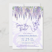 Romantische Wisteria & Vlinder Tuin Bruiloft Save The Date (Voorkant)
