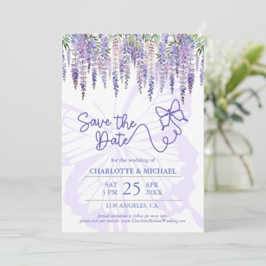 Romantische Wisteria & Vlinder Tuin Bruiloft Save The Date (Staand voorkant)