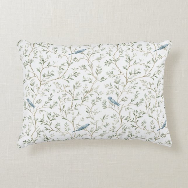 Romantische witte blauwe vogels bladeren accent kussen (Voorkant)