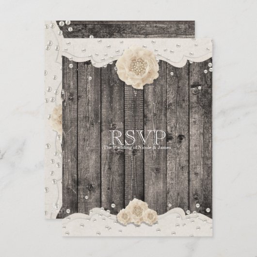 Romantische Witte Bloem & Parels Rustieke Houten R Uitnodiging Briefkaart (Voorkant / Achterkant)