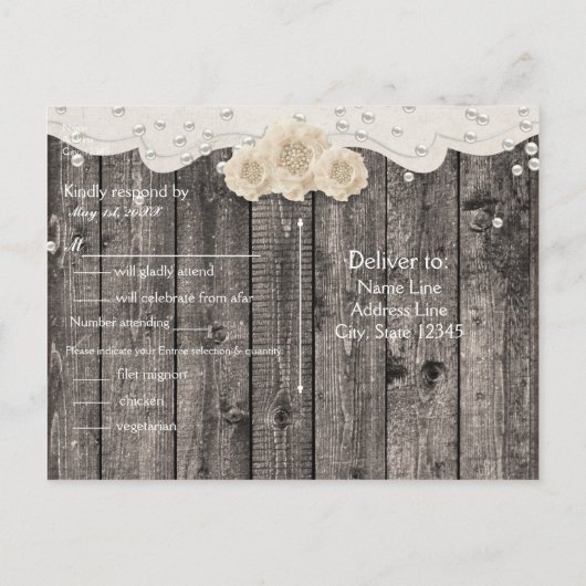 Romantische Witte Bloem & Parels Rustieke Houten R Uitnodiging Briefkaart (Achterkant)