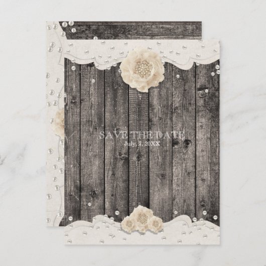 Romantische Witte Bloem & Parels SAVE THE DATE Aankondigingskaart (Voorkant / Achterkant)