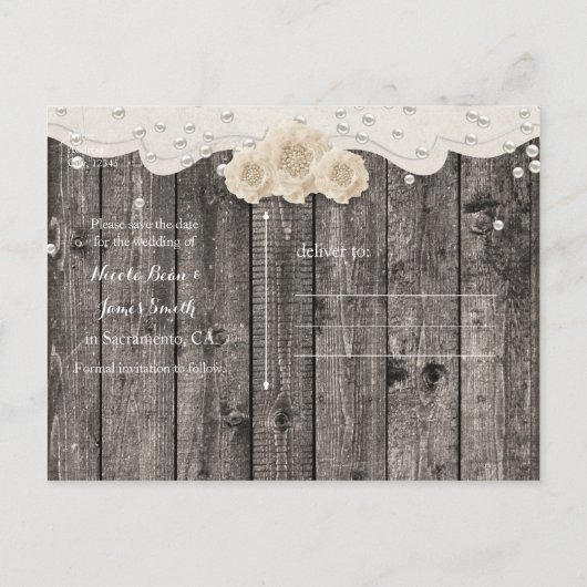 Romantische Witte Bloem & Parels SAVE THE DATE Aankondigingskaart (Achterkant)