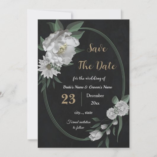 Romantische witte bloemen botanisch zwart save the date (Voorkant)