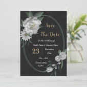 Romantische witte bloemen botanisch zwart save the date (Staand voorkant)