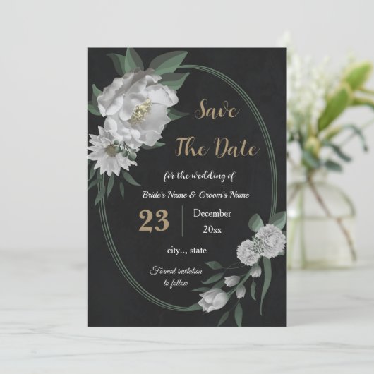 Romantische witte bloemen botanisch zwart save the date (Staand voorkant)