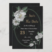 Romantische witte bloemen botanisch zwart save the date (Voorkant / Achterkant)