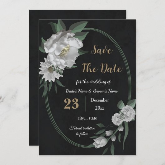 Romantische witte bloemen botanisch zwart save the date (Voorkant / Achterkant)