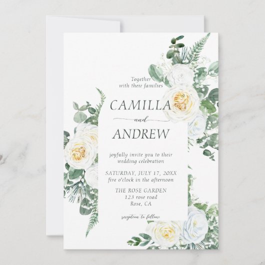 Romantische witte bloemen en groen bruiloft kaart (Voorkant)