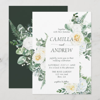 Romantische witte bloemen en groen bruiloft kaart