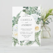 Romantische witte bloemen en groen bruiloft kaart (Staand voorkant)