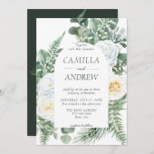 Romantische witte bloemen en groen bruiloft kaart (Voorkant / Achterkant)