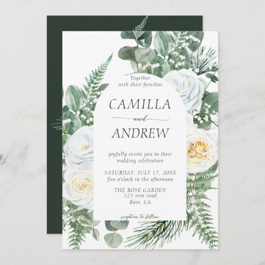 Romantische witte bloemen en groen bruiloft kaart (Voorkant / Achterkant)