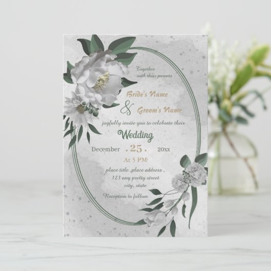 romantische witte bloemen geometrische bruiloft kaart (Staand voorkant)