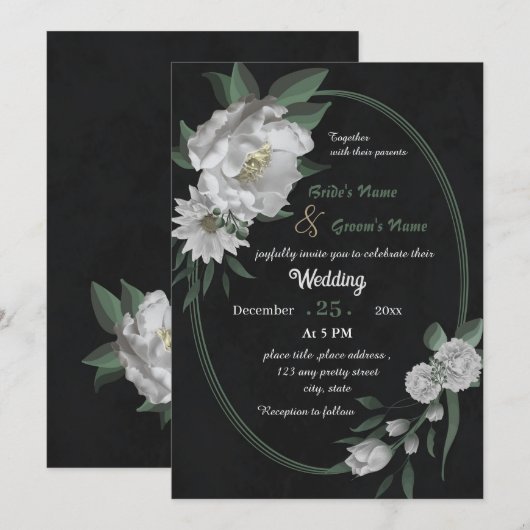 romantische witte bloemen geometrische zwarte brui kaart (Voorkant / Achterkant)