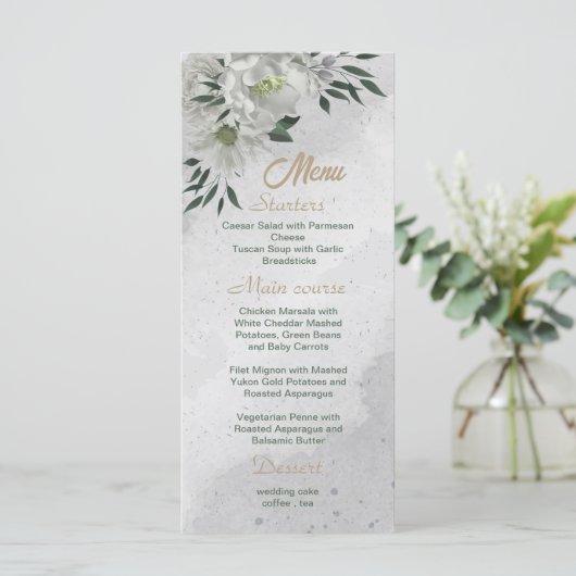 romantische witte bloemen grilly bruiloft menu (Staand voorkant)