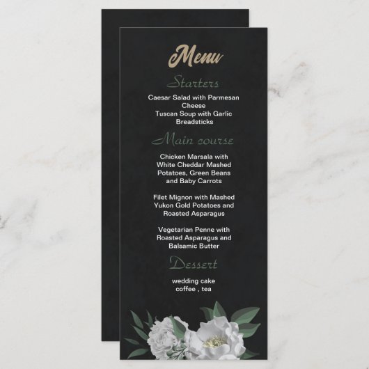 Romantische witte bloemen groen zwart bruiloft menu (Voorkant / Achterkant)
