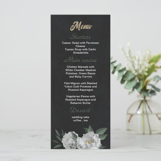 Romantische witte bloemen groen zwart bruiloft menu (Staand voorkant)