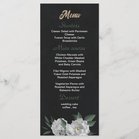 Romantische witte bloemen groen zwart bruiloft menu (Voorkant)
