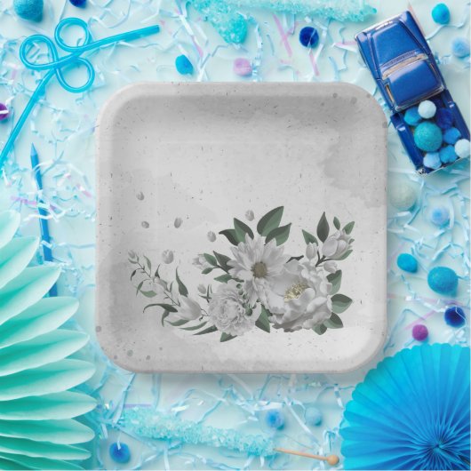 Romantische witte bloemen & groene bladeren papieren bordje (Feest)