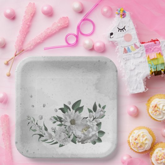 Romantische witte bloemen & groene bladeren papieren bordje (Feest)