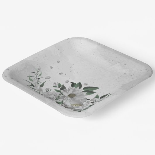 Romantische witte bloemen & groene bladeren papieren bordje (Gebogen)