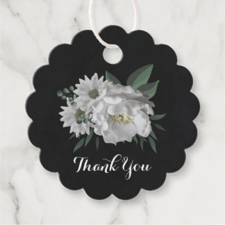 Romantische witte bloemen & groene bladeren zwart bedankjes labels