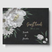 Romantische witte bloemen & groene bladeren zwart gastenboek (Voorkant)