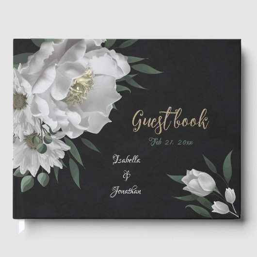 Romantische witte bloemen & groene bladeren zwart gastenboek (Voorkant)