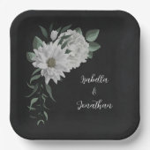 Romantische witte bloemen & groene bladeren zwart papieren bordje (Voorkant)