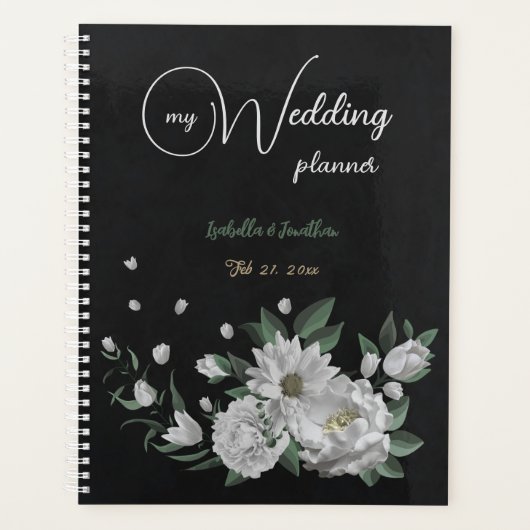 Romantische witte bloemen & groene bladeren zwart planner (Voorkant)