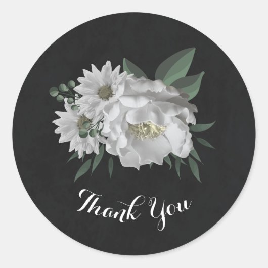 Romantische witte bloemen & groene bladeren zwart ronde sticker (Voorkant)