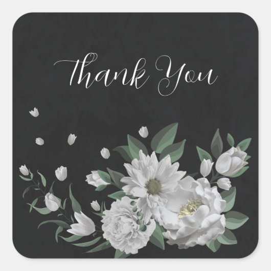 Romantische witte bloemen & groene bladeren zwart vierkante sticker (Voorkant)