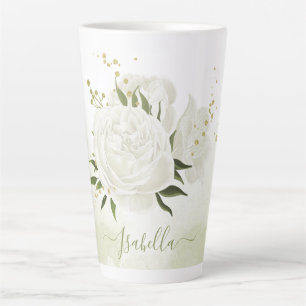 Romantische witte bloemen met groene bladeren latte mok