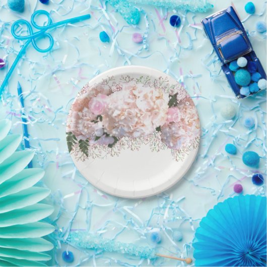 Romantische witte brandkranen, roze witte bloemen papieren bordje (Feest)