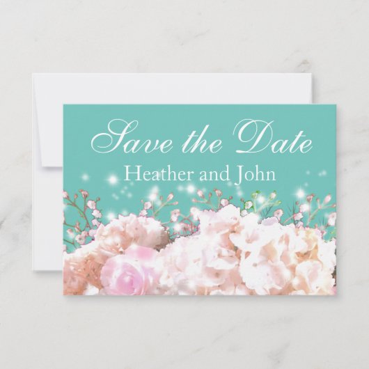 Romantische witte brandkranen, roze witte bloemen save the date (Voorkant)