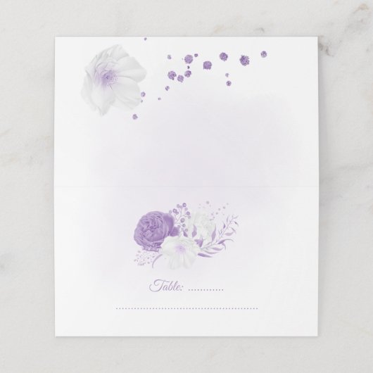 romantische witte en paarse bruiloft plaatskaartje (Buitenkant ongevouwen)