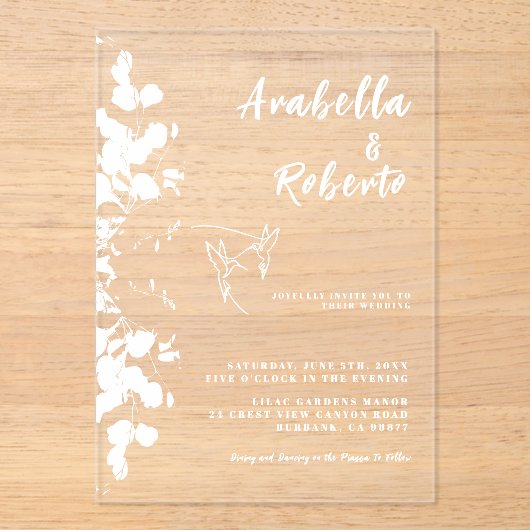 Romantische witte eucalyptus botanische bruiloft acryl uitnodigingen (Voorkant)