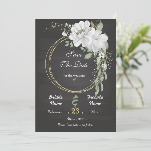 Romantische witte groenblauw, zwart save the date (Staand voorkant)