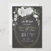 Romantische witte groene ovaal lijst zwart save the date (Voorkant)