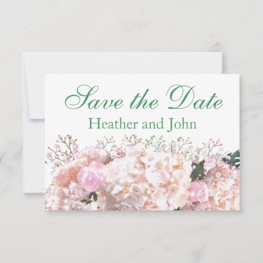 Romantische witte hoofdbrandkranen roze rozen save the date (Voorkant)