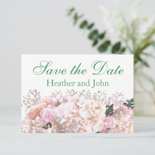 Romantische witte hoofdbrandkranen roze rozen save the date (Staand voorkant)