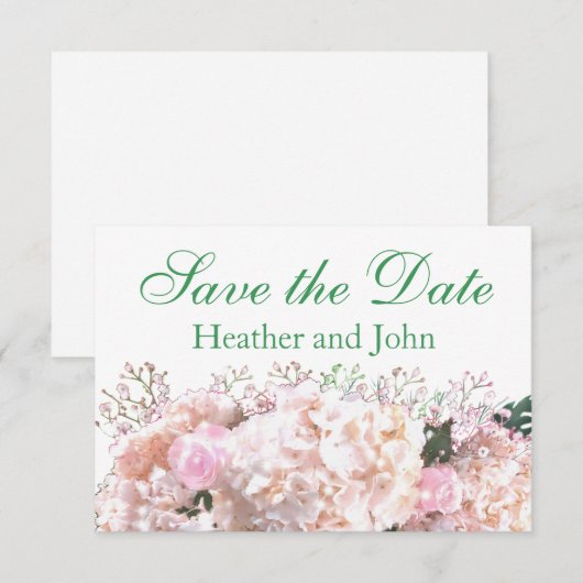 Romantische witte hoofdbrandkranen roze rozen save the date (Voorkant / Achterkant)