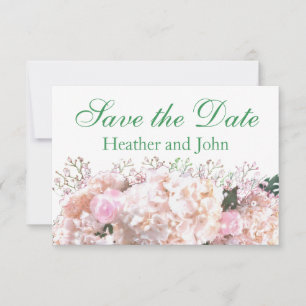 Romantische witte hoofdbrandkranen roze rozen save the date